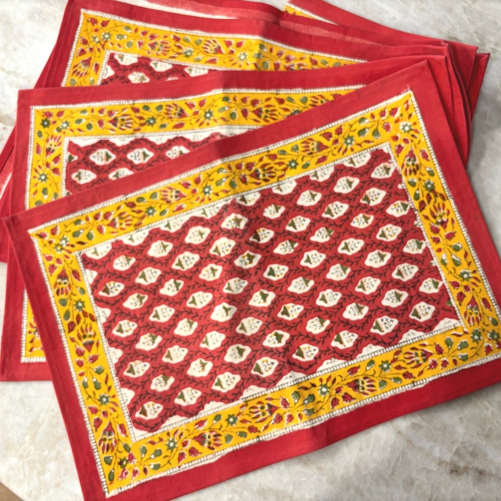 Pomegranate Block Print Cloth Napkins Set 6 Red Yellow Floral Cotton Vintage NWT